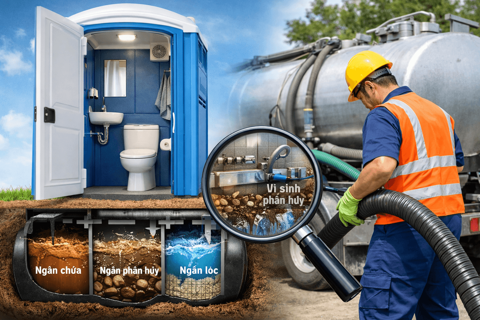 Hầm tự hoại nhà vệ sinh di động hoạt động như thế nào?